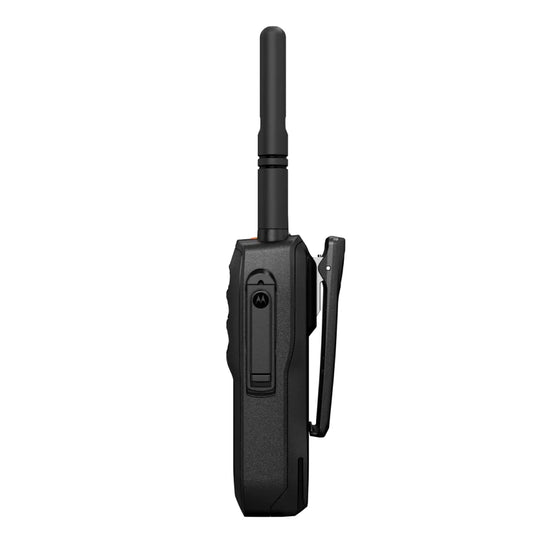 A black Motorola handheld walkie-talkie with an attached antenna and side clip, shown from the back against a plain white background.