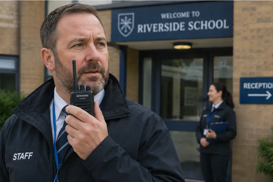 Staff member using a Kenwood NX-1300 radio outside a school.