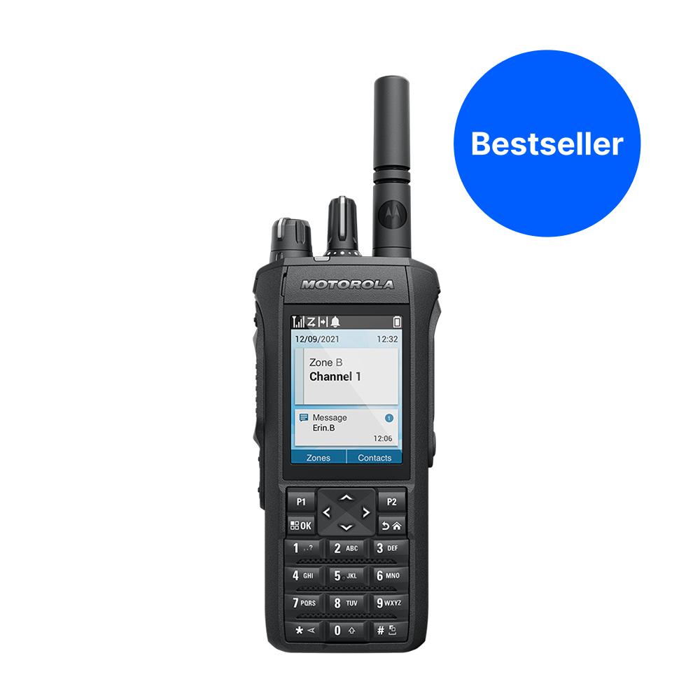 A black Motorola handheld radio with an antenna, shown on a white background with a blue 'Bestseller' badge in the top right corner.