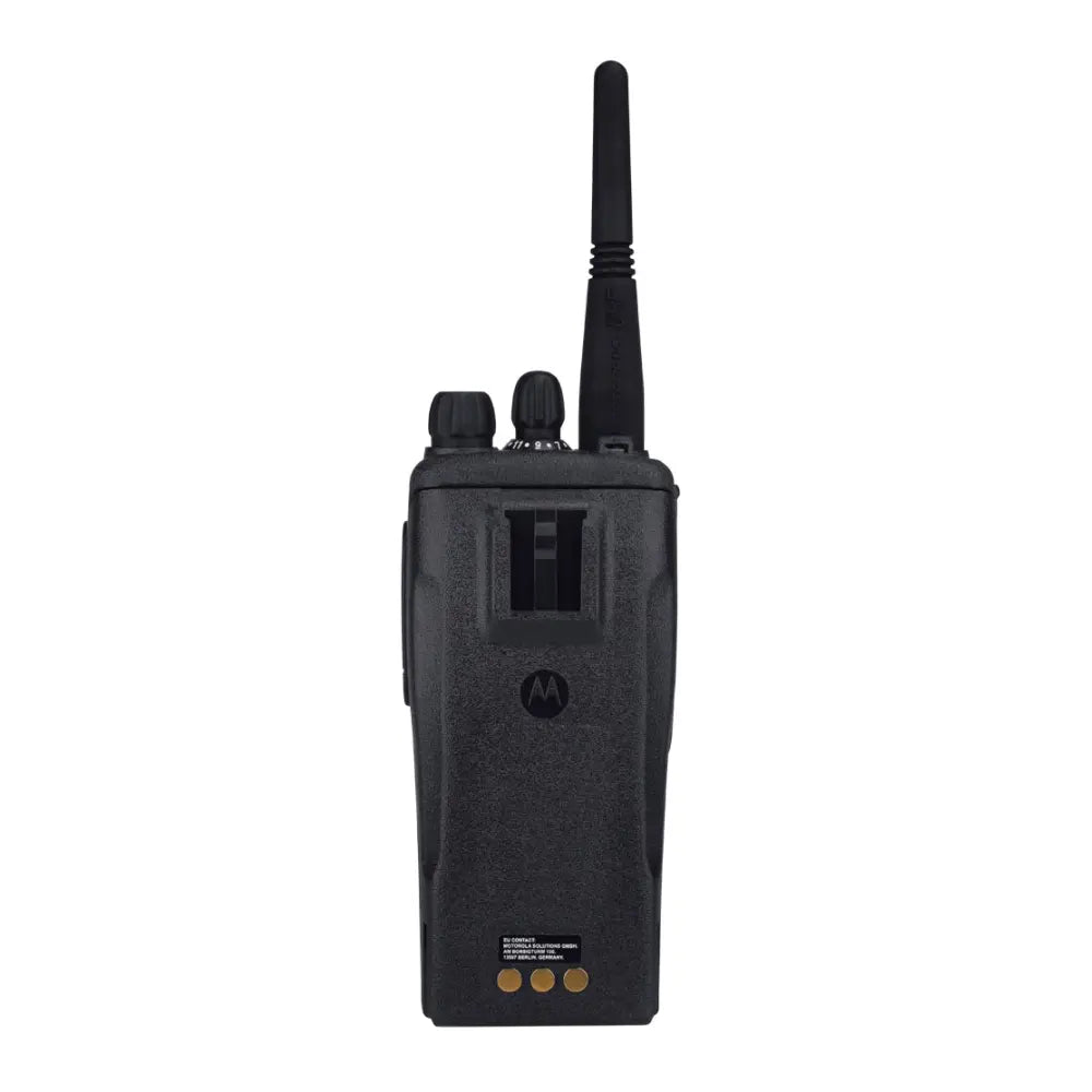 A black Motorola handheld walkie-talkie radio shown from the back, featuring a tall antenna, control knobs, and the Motorola logo on a plain white background.