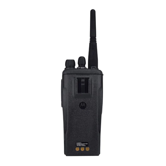 A black Motorola handheld walkie-talkie radio shown from the back, featuring a tall antenna, control knobs, and the Motorola logo on a plain white background.