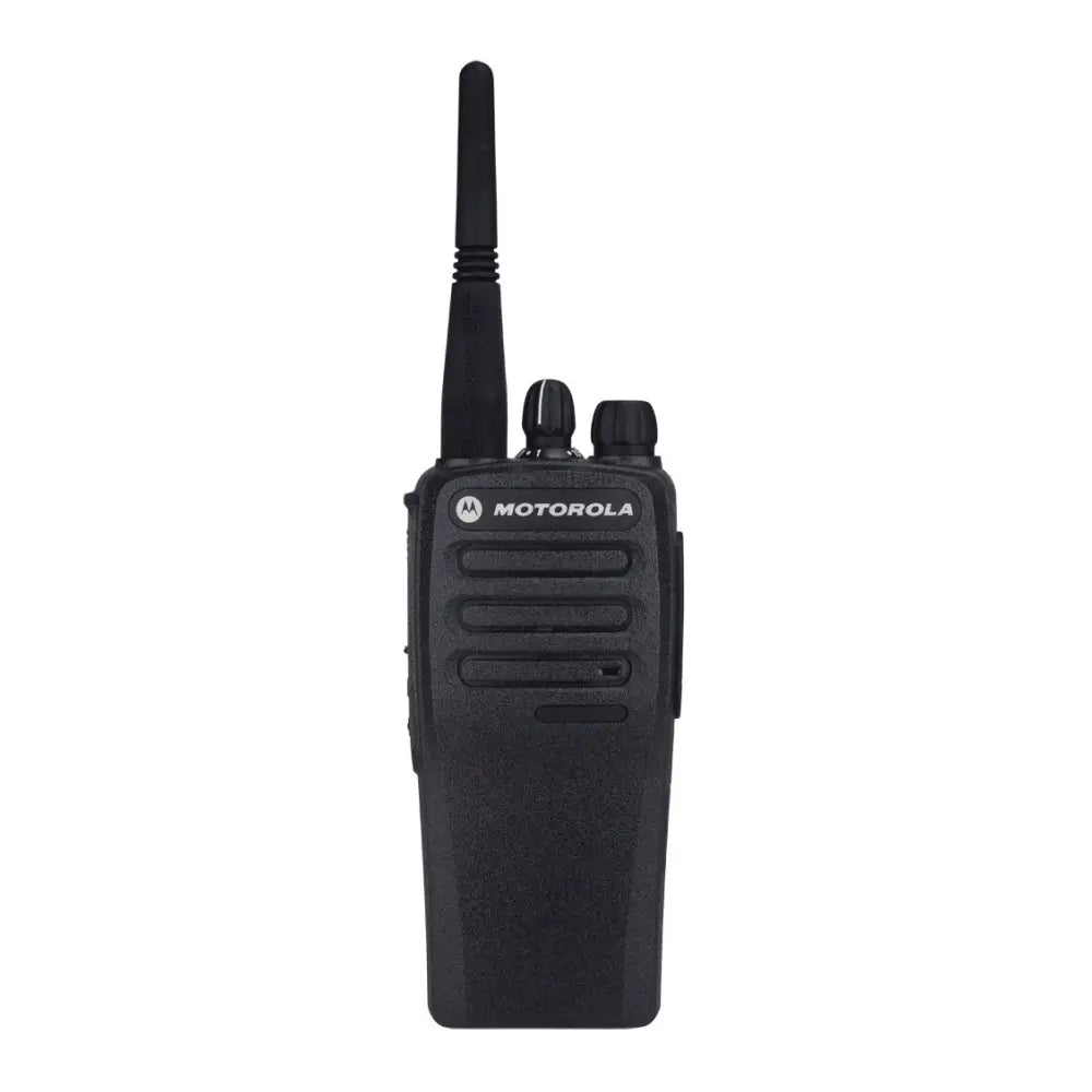 A black Motorola two-way radio walkie-talkie with an antenna and front branding, shown against a plain white background.