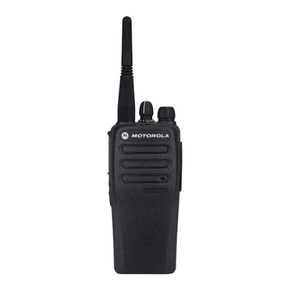 A black Motorola two-way radio walkie-talkie with an antenna and front branding, shown against a plain white background.