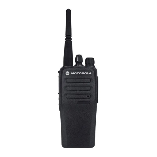 A black Motorola two-way radio walkie-talkie with an antenna and front branding, shown against a plain white background.