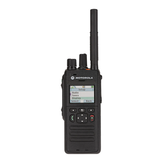A black Motorola handheld walkie-talkie with an antenna, front display screen, and control buttons, shown against a plain white background.