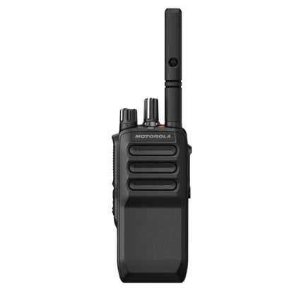 A black Motorola walkie-talkie with an external antenna, shown from the front against a plain white background.