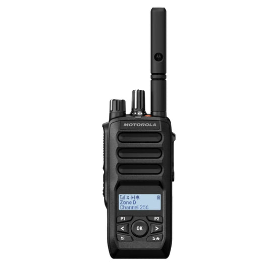 Black Motorola two-way radio on a white background