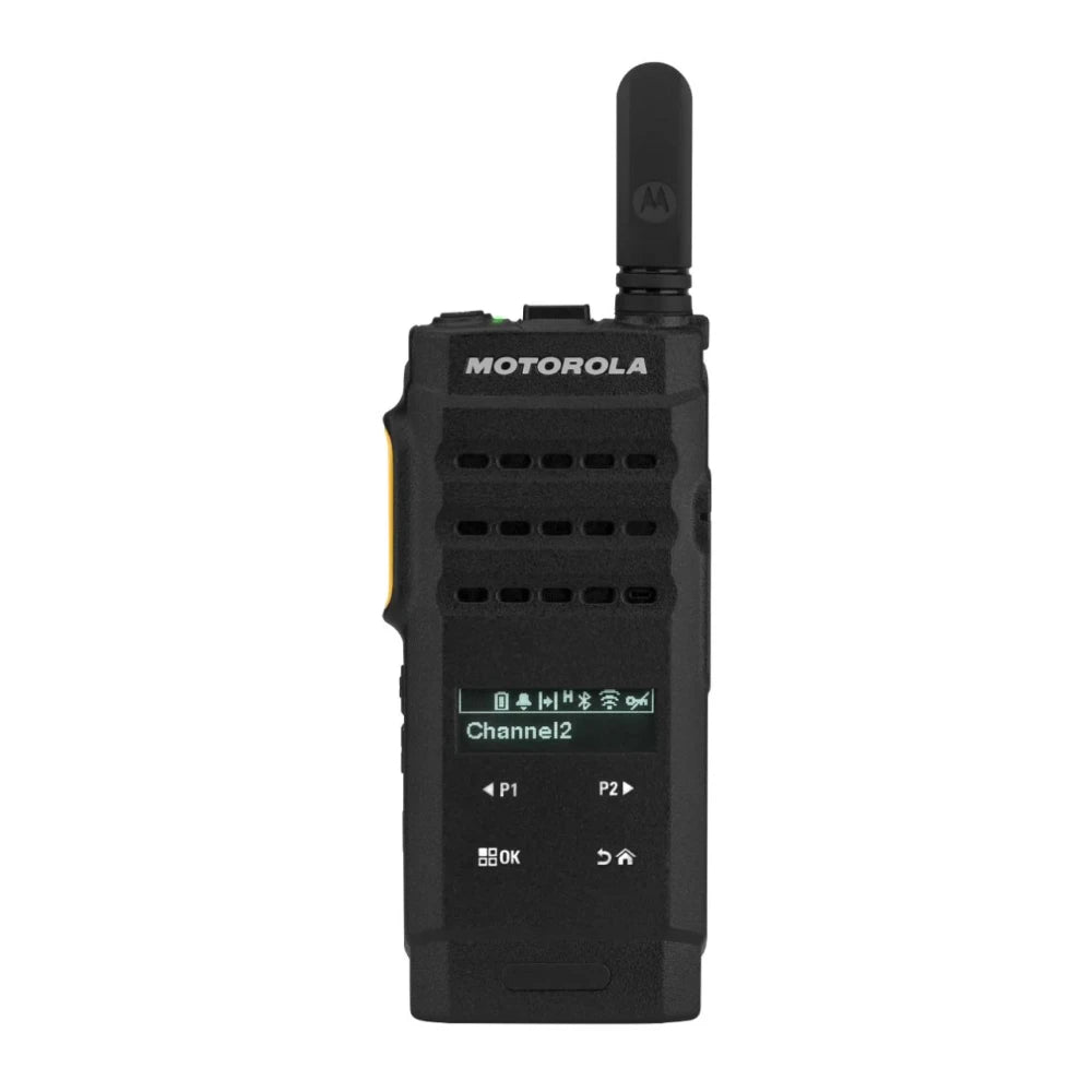 A black Motorola handheld walkie-talkie with an antenna, shown against a plain white background.