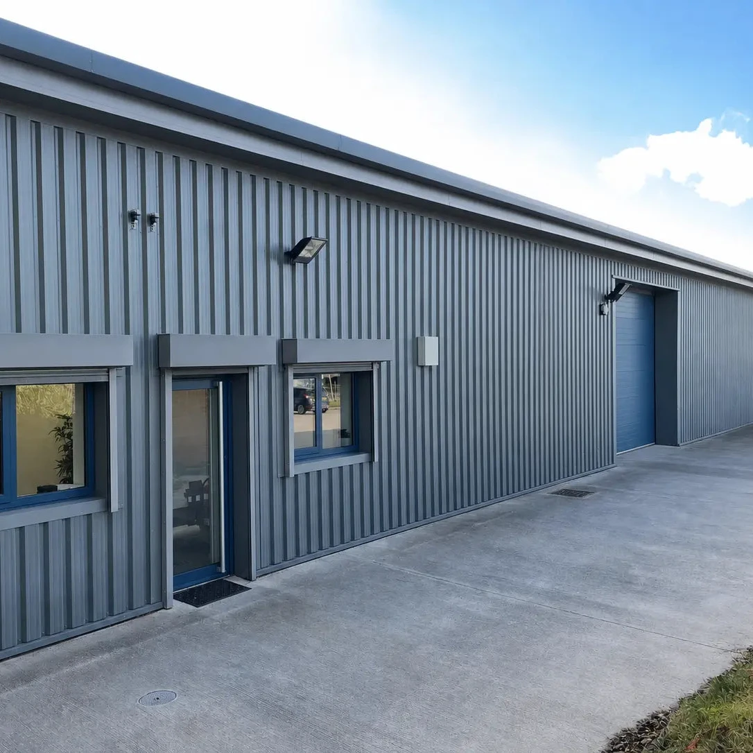 A modern industrial building exterior with gray corrugated metal siding, blue-framed windows and doors, a concrete driveway, and a blue sky with clouds in the background.