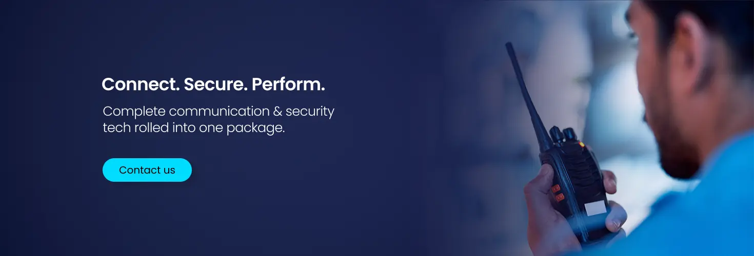 Professional using a two-way radio as part of a secure business communication system.