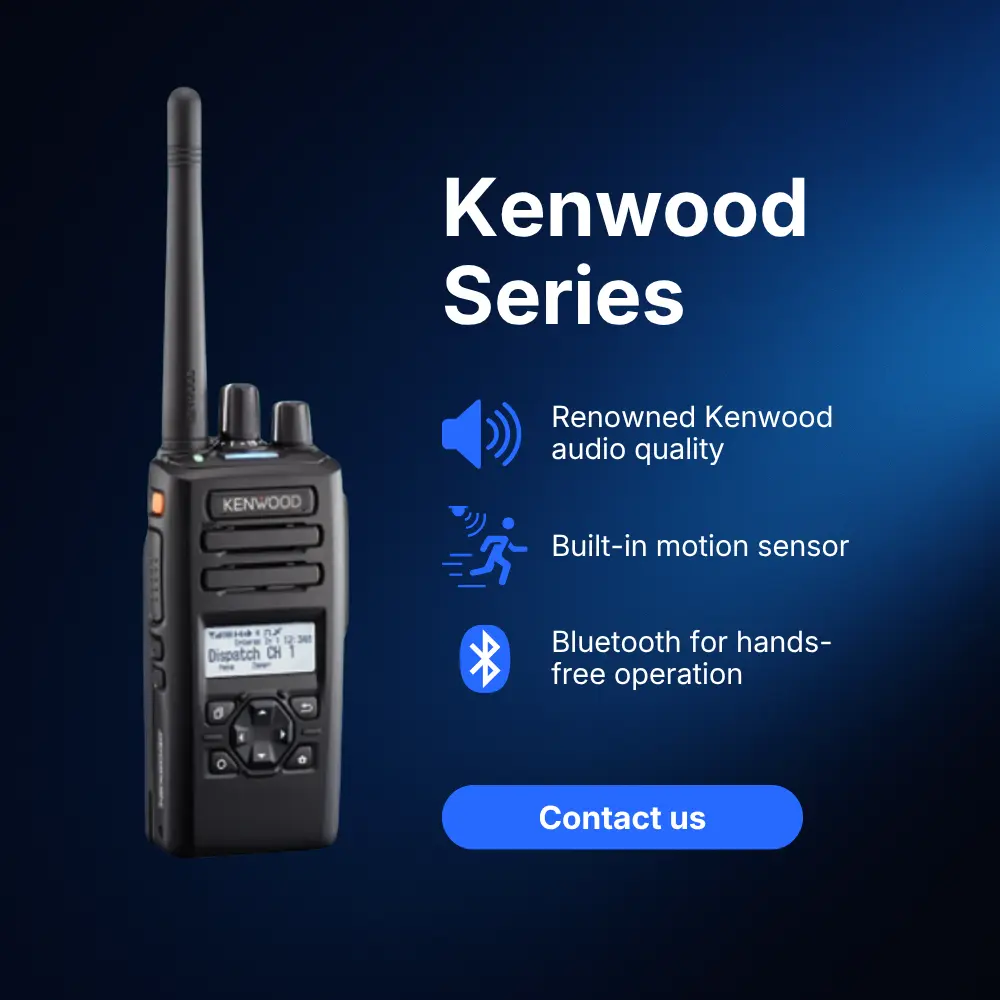 Kenwood two-way radio for schools with clear audio, Bluetooth hands-free use and built-in motion sensor for staff communication